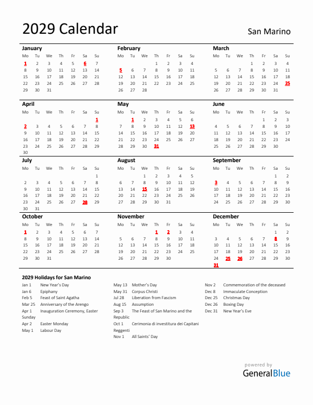 Standard Holiday Calendar for 2029 with San Marino Holidays 