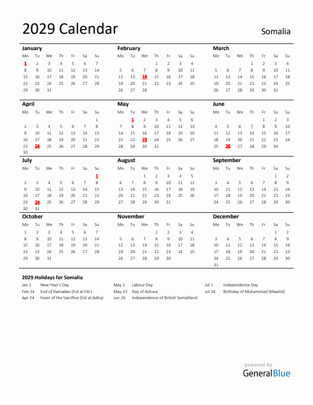 Standard Holiday Calendar for 2029 with Somalia Holidays 