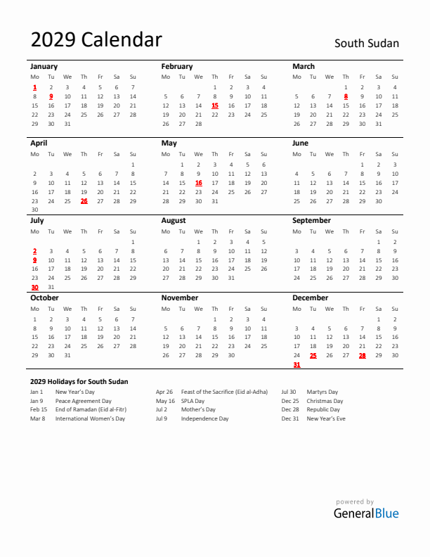 Standard Holiday Calendar for 2029 with South Sudan Holidays 
