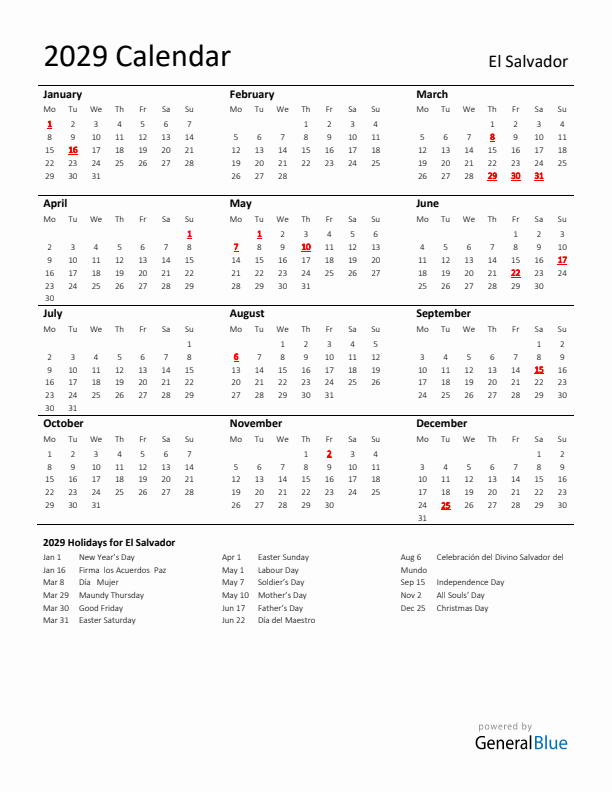 Standard Holiday Calendar for 2029 with El Salvador Holidays 