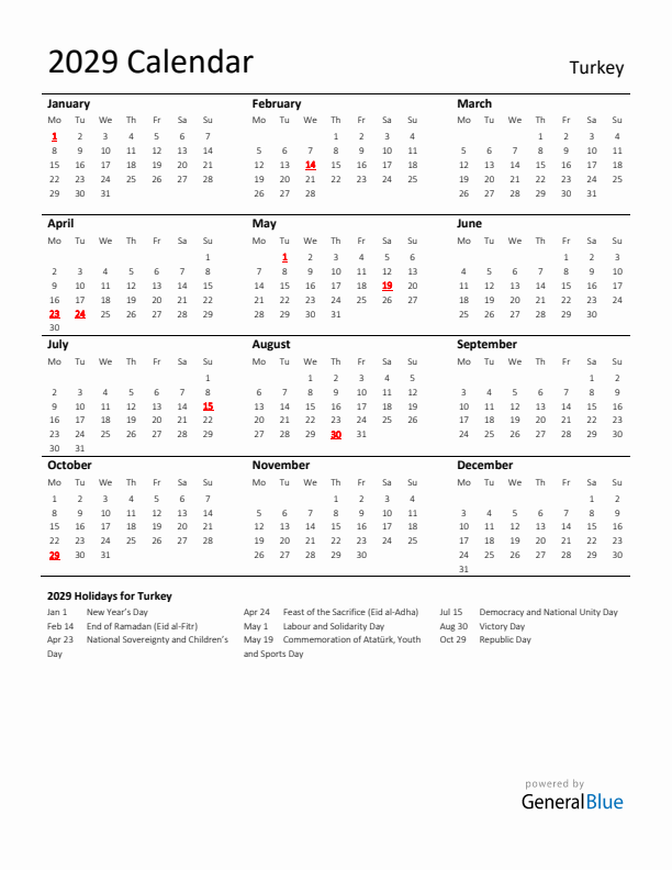 Standard Holiday Calendar for 2029 with Turkey Holidays 