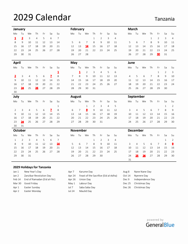 Standard Holiday Calendar for 2029 with Tanzania Holidays 
