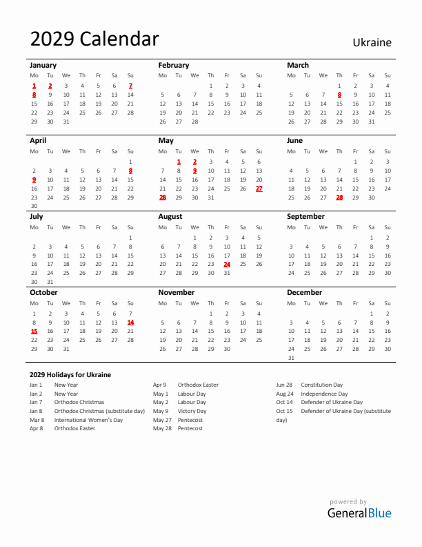 Standard Holiday Calendar for 2029 with Ukraine Holidays 