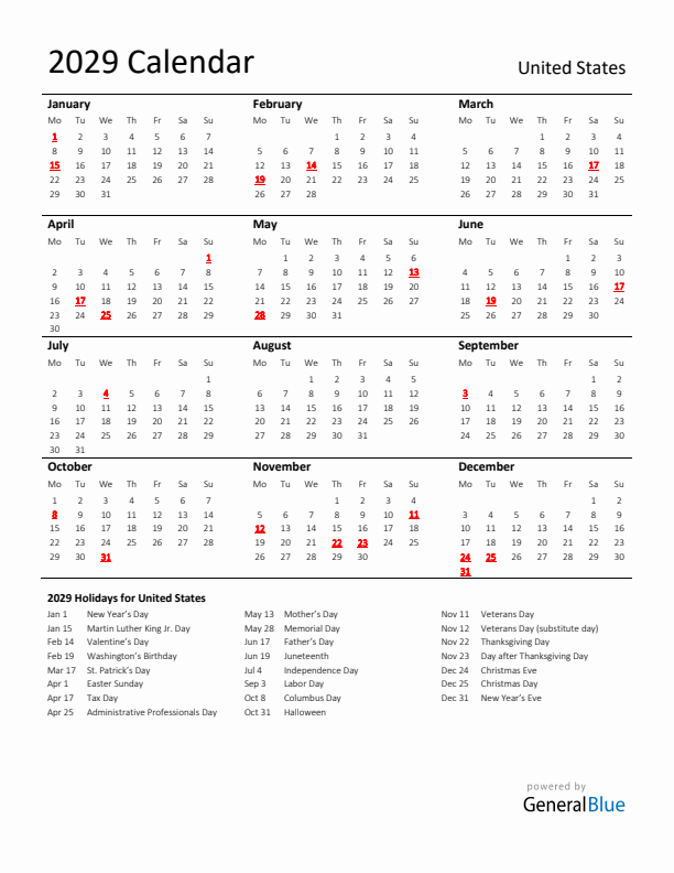 Standard Holiday Calendar for 2029 with United States Holidays 