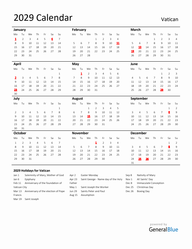 Standard Holiday Calendar for 2029 with Vatican Holidays 