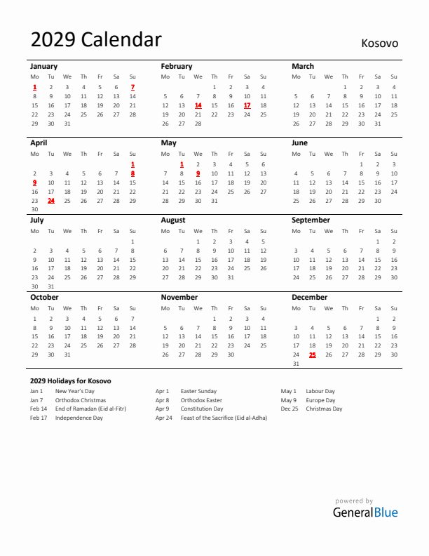 Standard Holiday Calendar for 2029 with Kosovo Holidays 