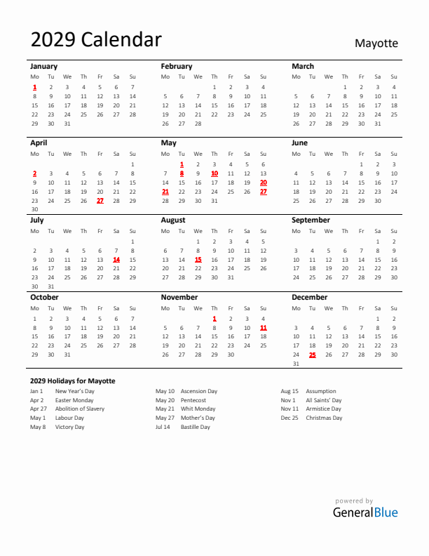 Standard Holiday Calendar for 2029 with Mayotte Holidays 