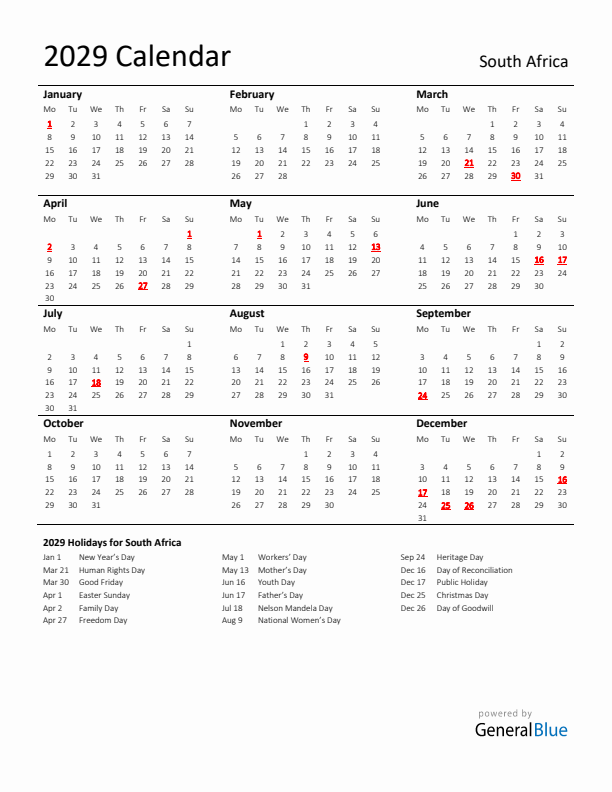 Standard Holiday Calendar for 2029 with South Africa Holidays 