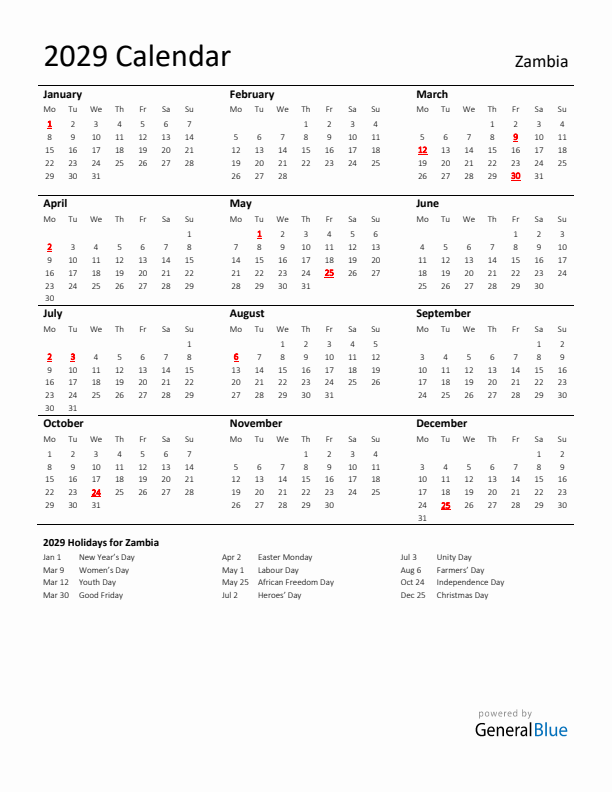 Standard Holiday Calendar for 2029 with Zambia Holidays 