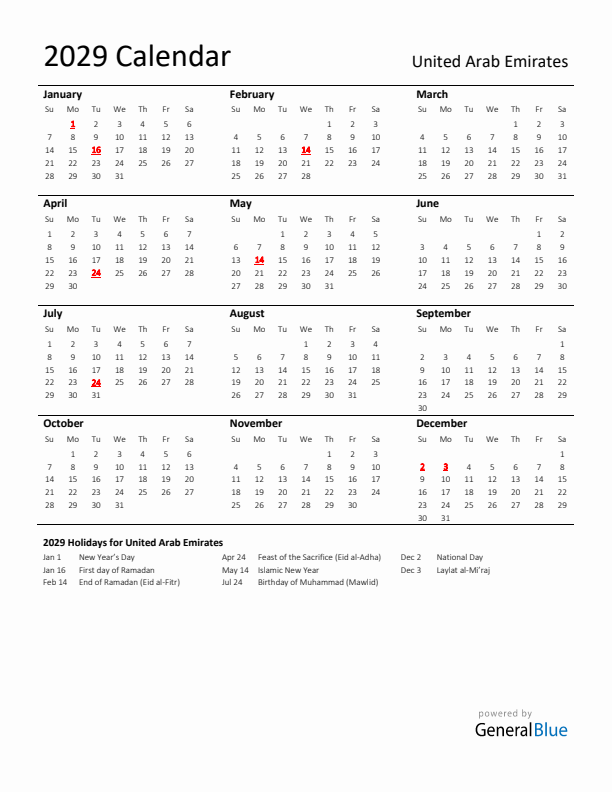 Standard Holiday Calendar for 2029 with United Arab Emirates Holidays 