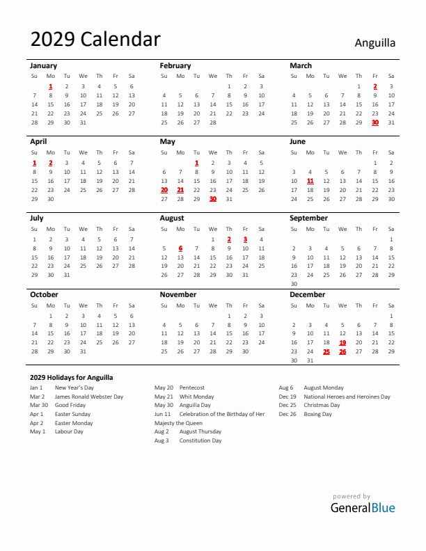 Standard Holiday Calendar for 2029 with Anguilla Holidays 