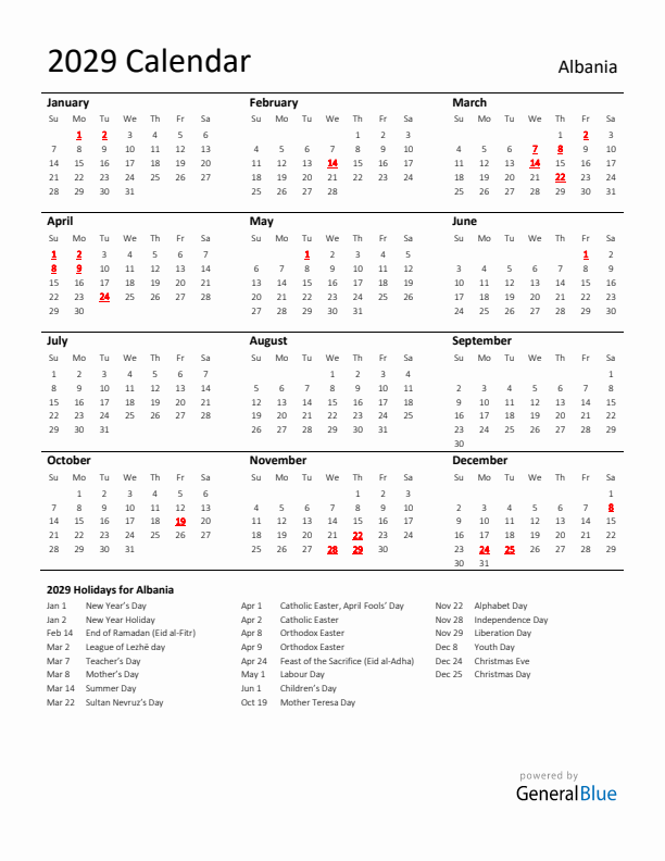 Standard Holiday Calendar for 2029 with Albania Holidays 