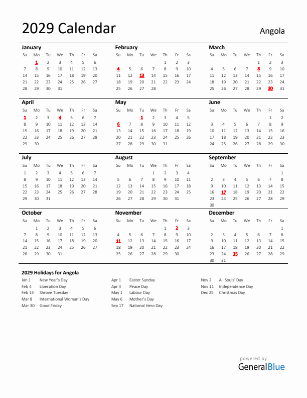 Standard Holiday Calendar for 2029 with Angola Holidays 