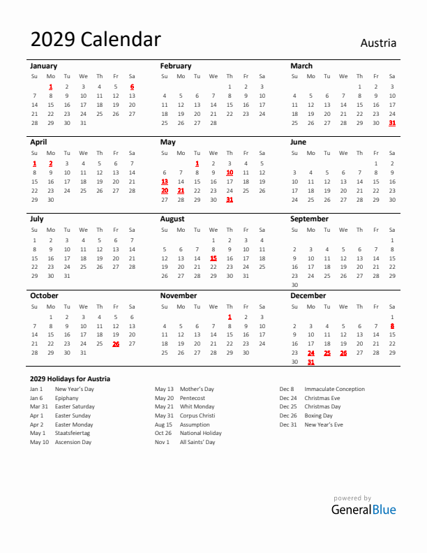 Standard Holiday Calendar for 2029 with Austria Holidays 