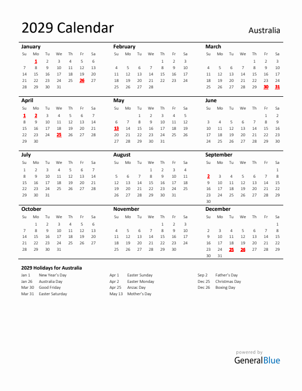 Standard Holiday Calendar for 2029 with Australia Holidays 