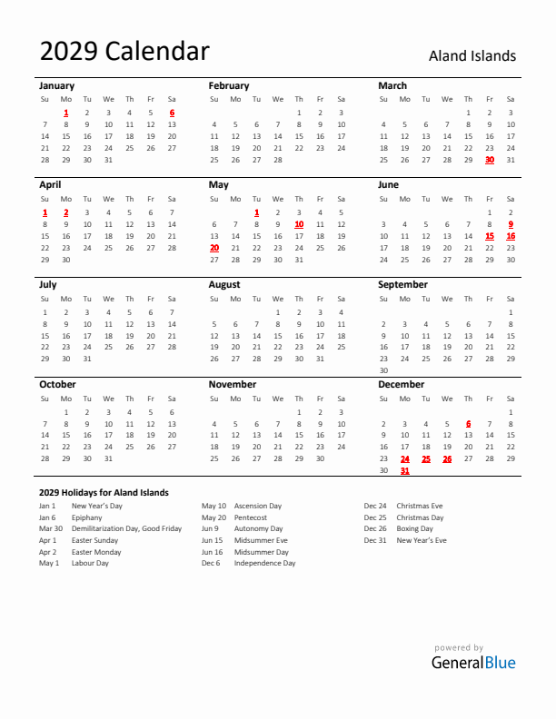 Standard Holiday Calendar for 2029 with Aland Islands Holidays 