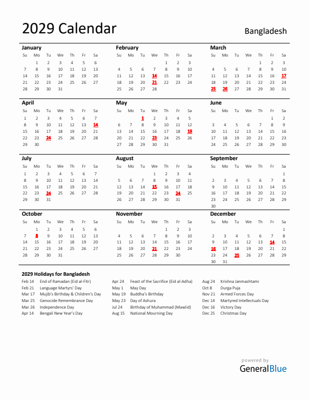 Standard Holiday Calendar for 2029 with Bangladesh Holidays 