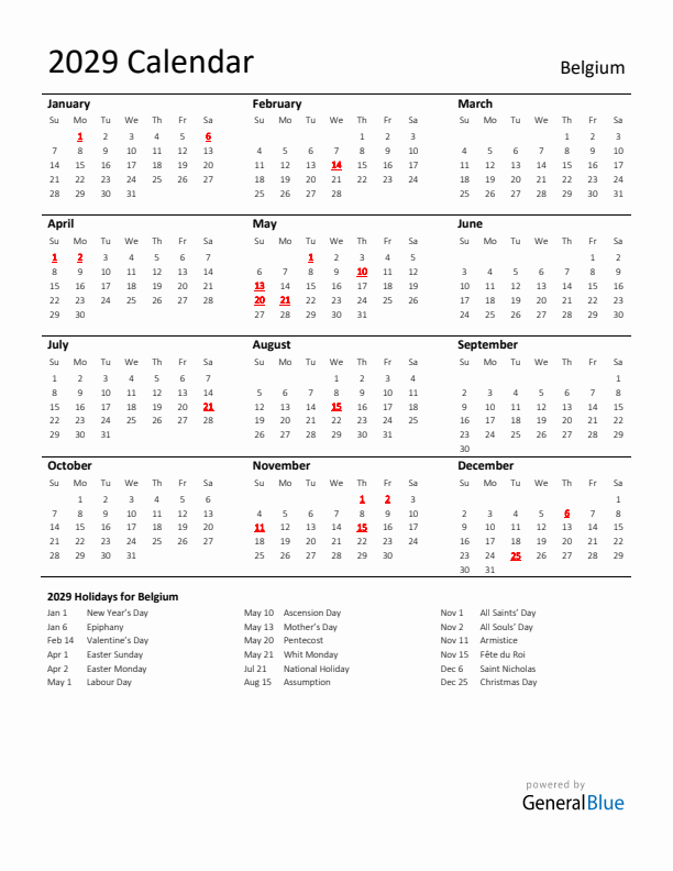 Standard Holiday Calendar for 2029 with Belgium Holidays 