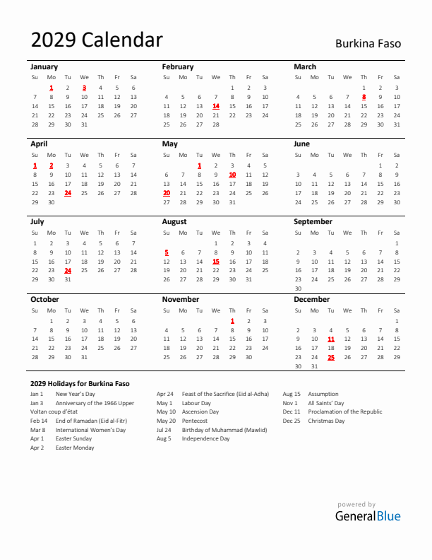 Standard Holiday Calendar for 2029 with Burkina Faso Holidays 