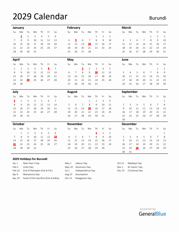 Standard Holiday Calendar for 2029 with Burundi Holidays 