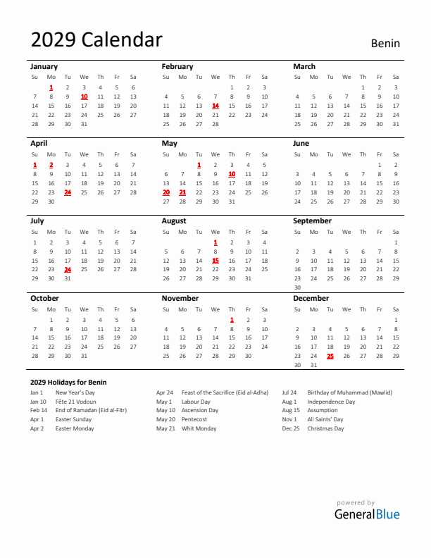 Standard Holiday Calendar for 2029 with Benin Holidays 