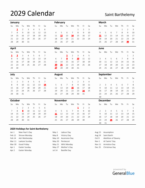 Standard Holiday Calendar for 2029 with Saint Barthelemy Holidays 