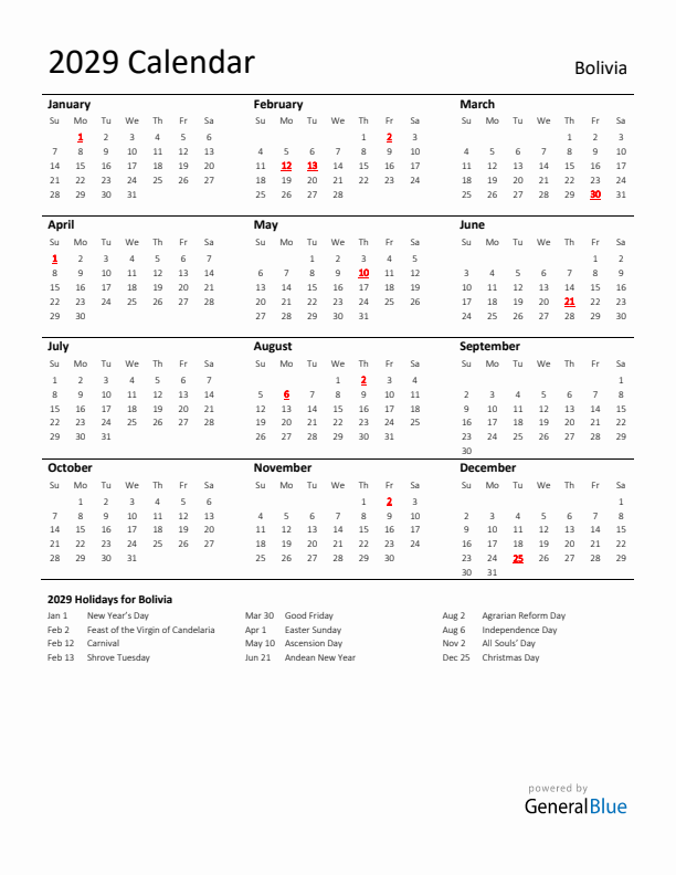 Standard Holiday Calendar for 2029 with Bolivia Holidays 