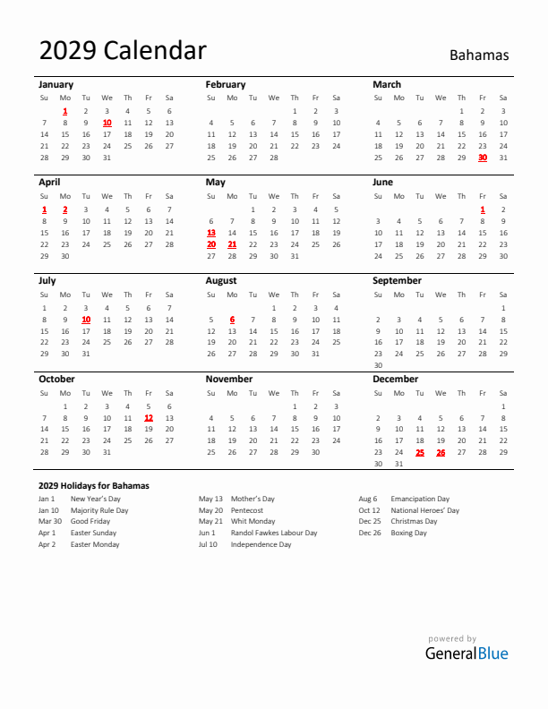 Standard Holiday Calendar for 2029 with Bahamas Holidays 