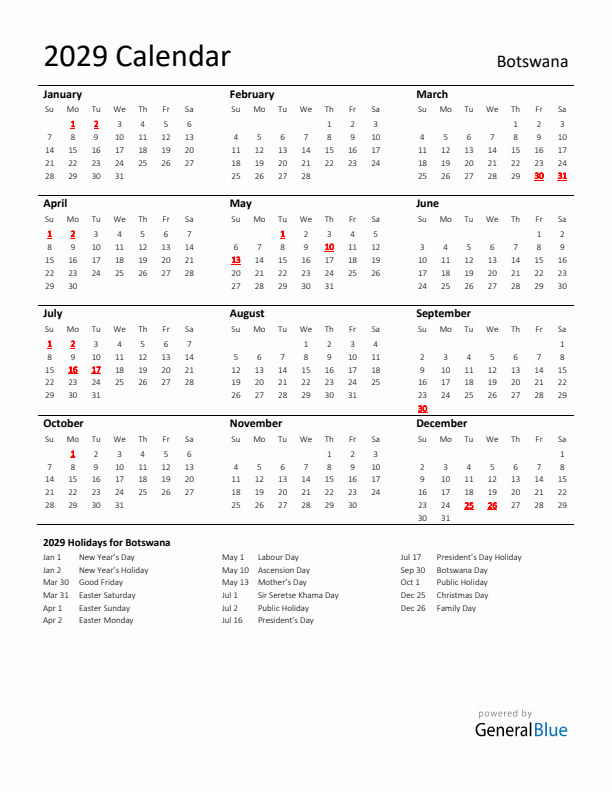 Standard Holiday Calendar for 2029 with Botswana Holidays 