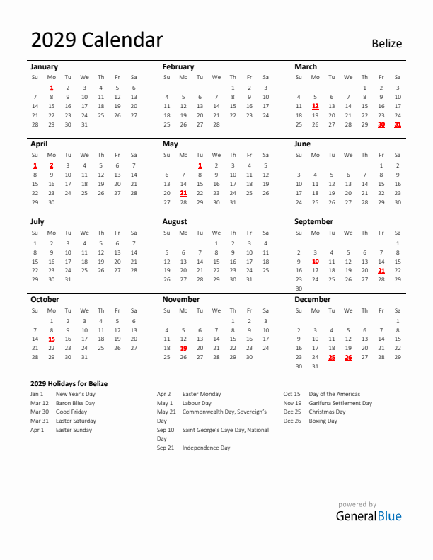 Standard Holiday Calendar for 2029 with Belize Holidays 