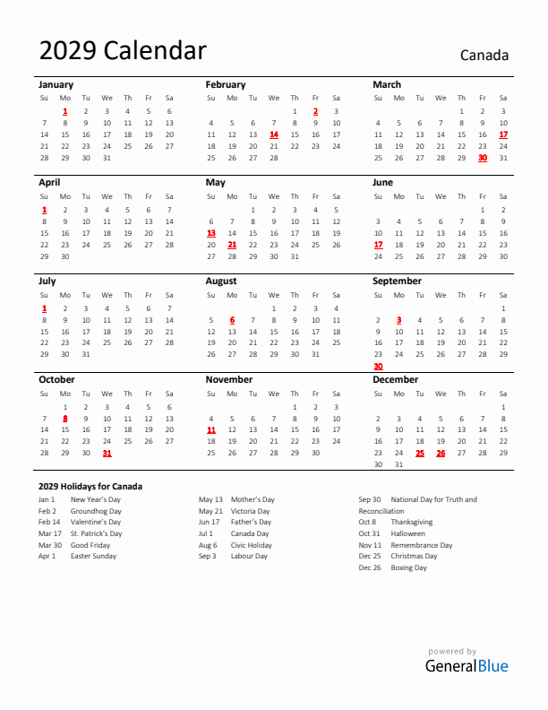 Standard Holiday Calendar for 2029 with Canada Holidays 