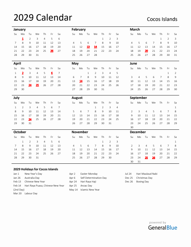 Standard Holiday Calendar for 2029 with Cocos Islands Holidays 