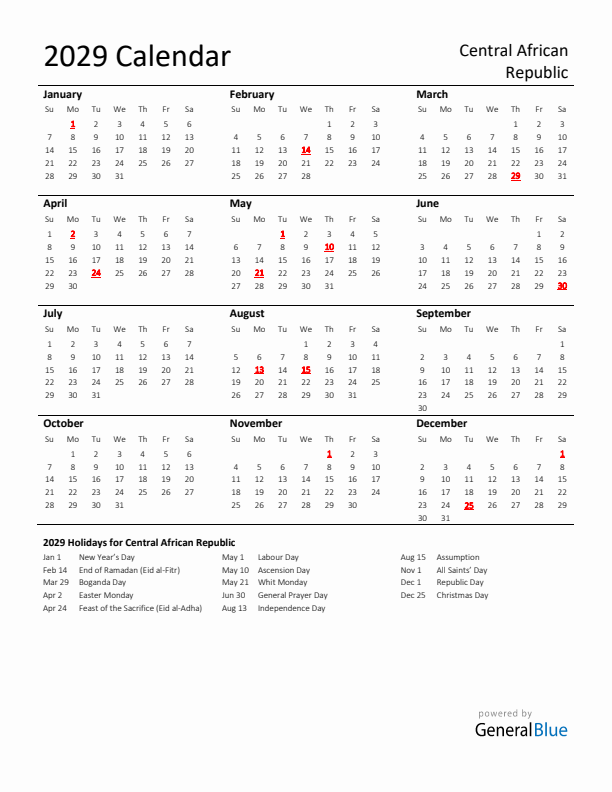 Standard Holiday Calendar for 2029 with Central African Republic Holidays 
