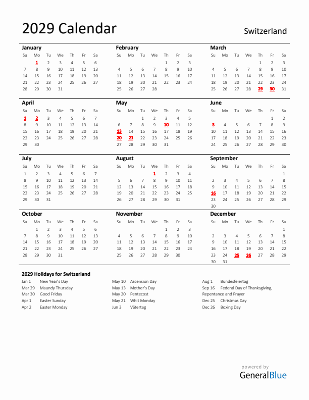 Standard Holiday Calendar for 2029 with Switzerland Holidays 