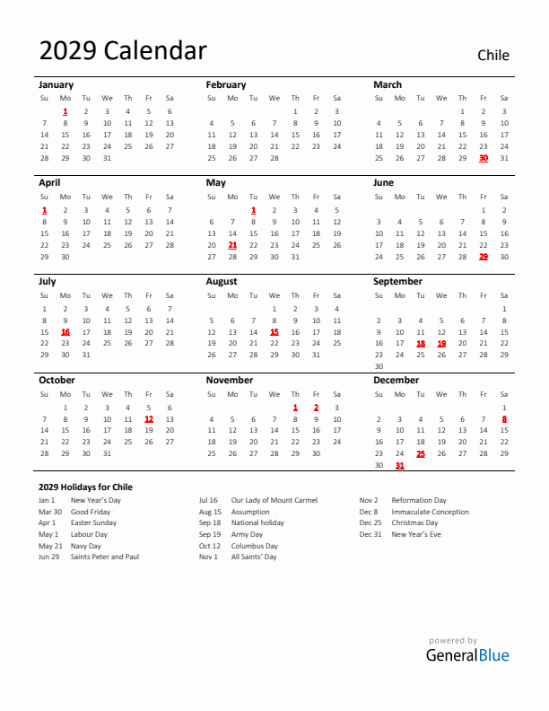 Standard Holiday Calendar for 2029 with Chile Holidays 