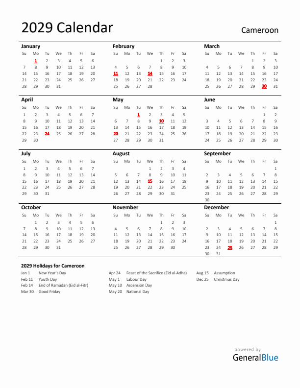 Standard Holiday Calendar for 2029 with Cameroon Holidays 