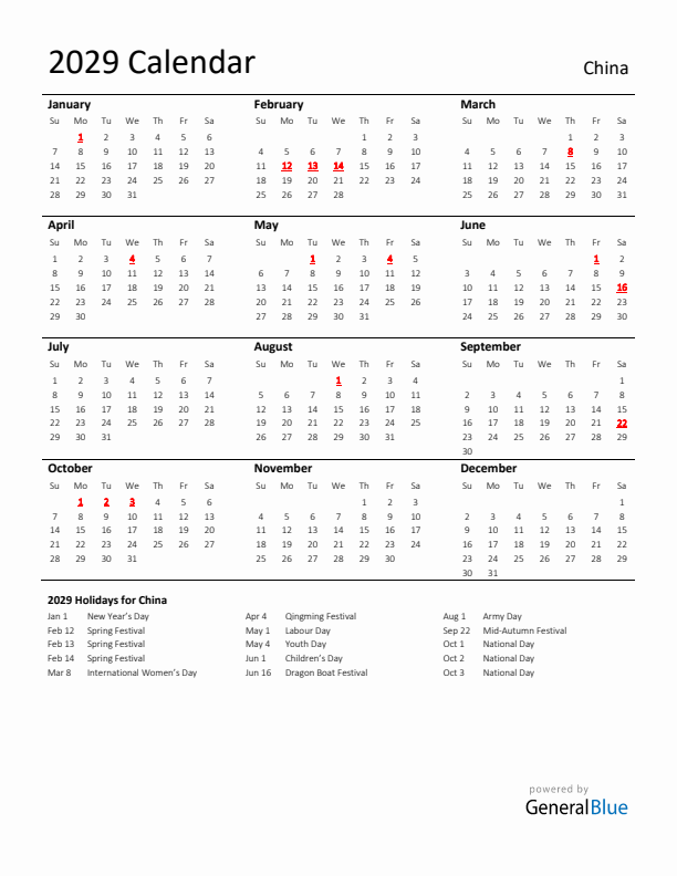 Standard Holiday Calendar for 2029 with China Holidays 