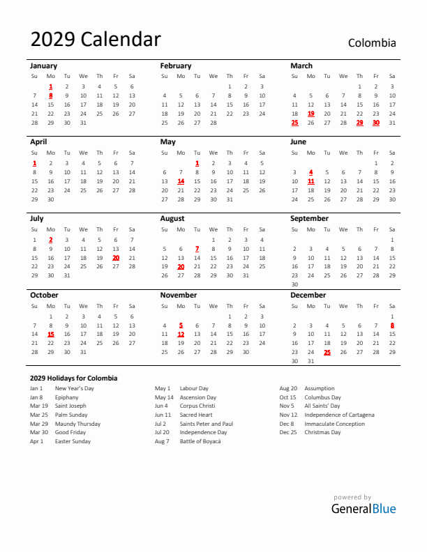 Standard Holiday Calendar for 2029 with Colombia Holidays 
