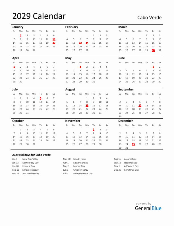 Standard Holiday Calendar for 2029 with Cabo Verde Holidays 