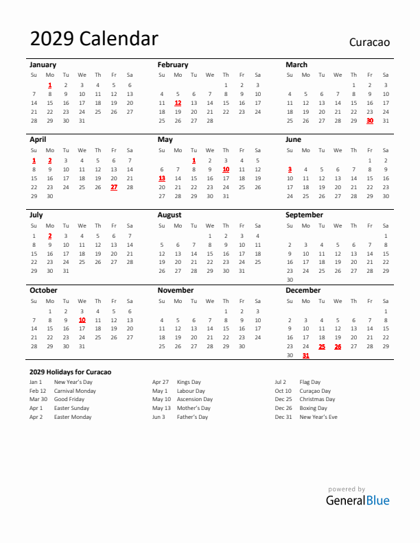 Standard Holiday Calendar for 2029 with Curacao Holidays 