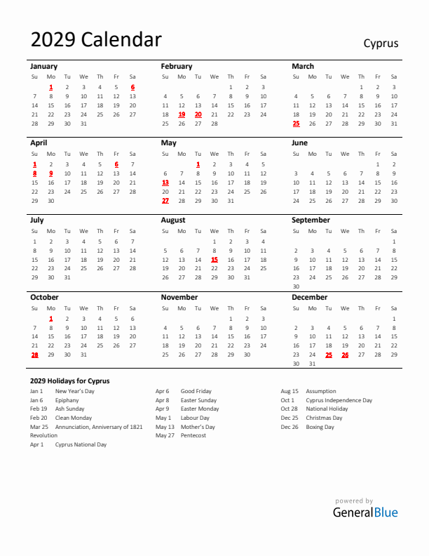 Standard Holiday Calendar for 2029 with Cyprus Holidays 