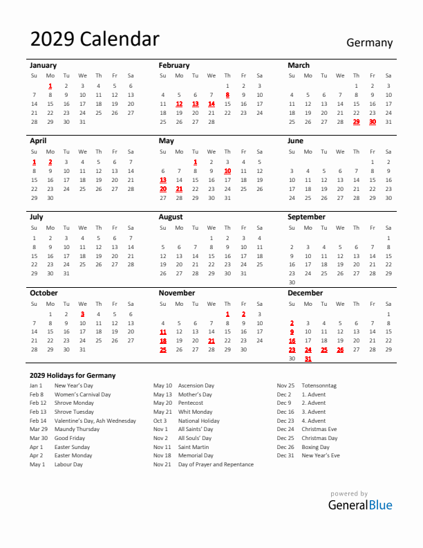 Standard Holiday Calendar for 2029 with Germany Holidays 