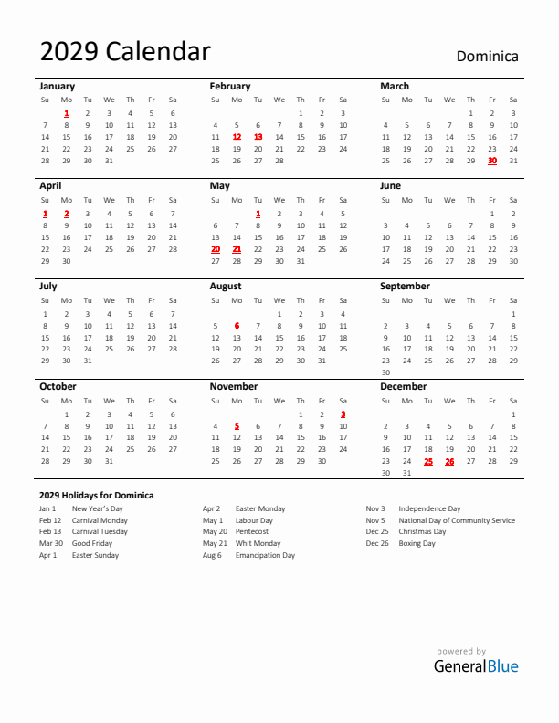 Standard Holiday Calendar for 2029 with Dominica Holidays 