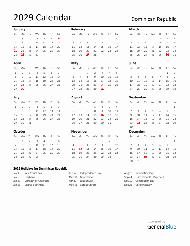 Standard Holiday Calendar for 2029 with Dominican Republic Holidays 