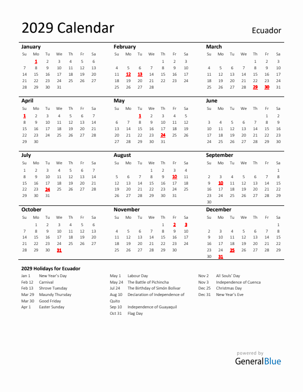 Standard Holiday Calendar for 2029 with Ecuador Holidays 