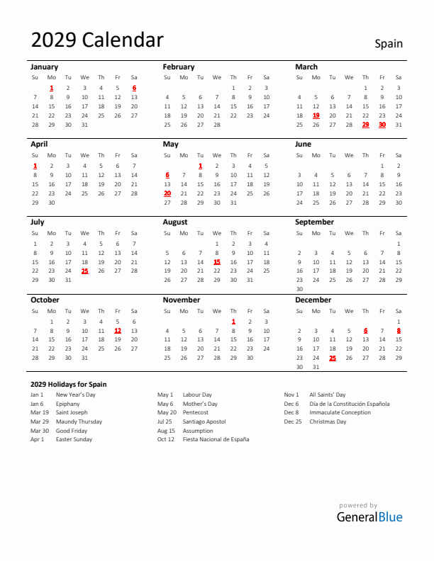 Standard Holiday Calendar for 2029 with Spain Holidays 