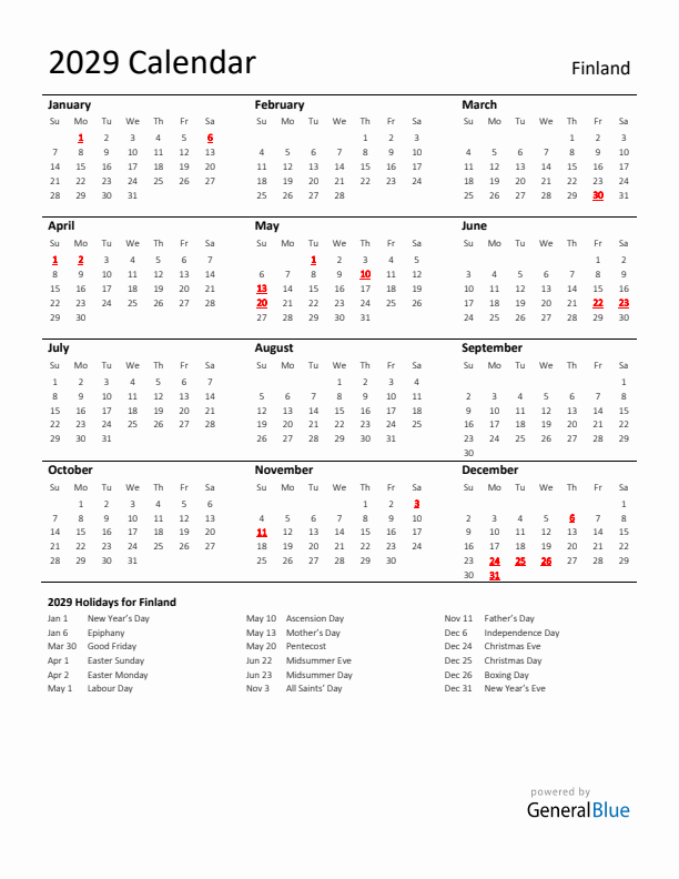 Standard Holiday Calendar for 2029 with Finland Holidays 