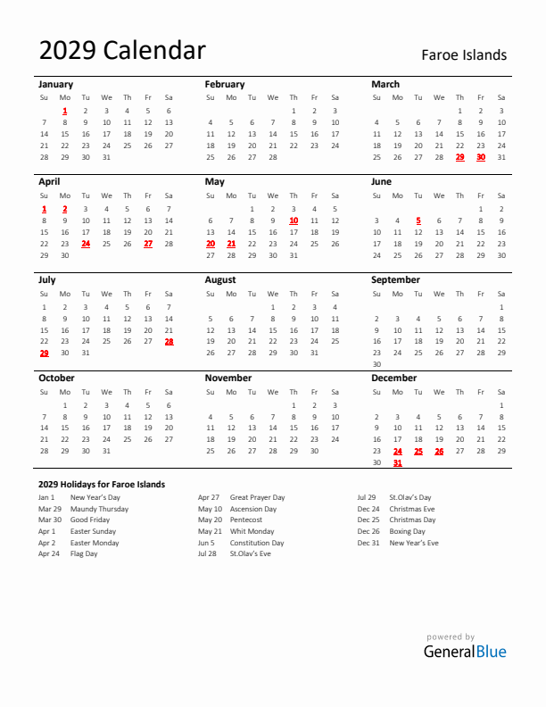 Standard Holiday Calendar for 2029 with Faroe Islands Holidays 