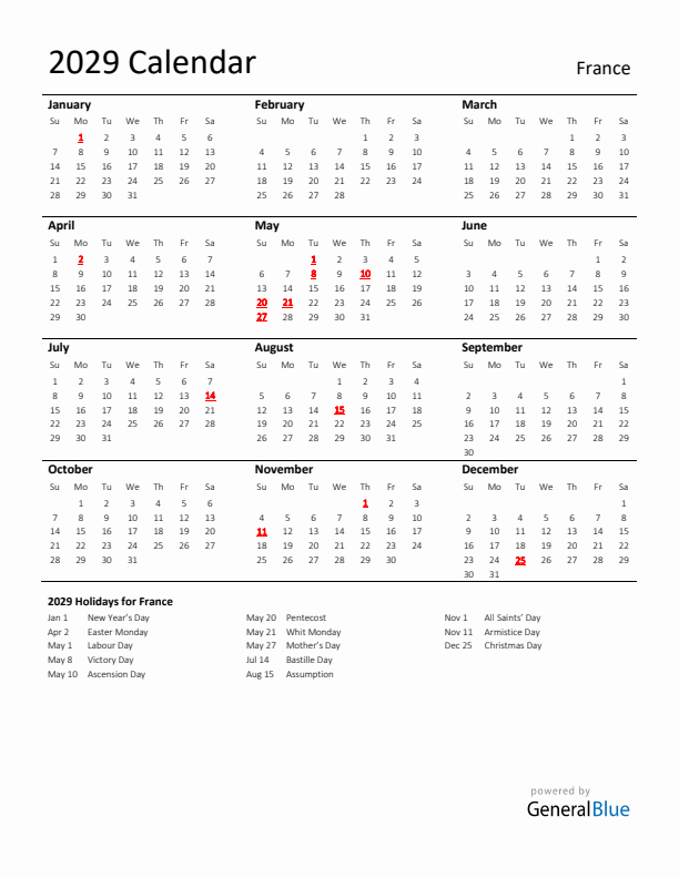 Standard Holiday Calendar for 2029 with France Holidays 