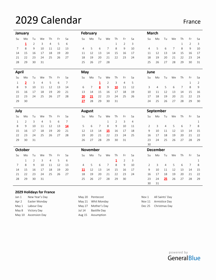 Standard Holiday Calendar for 2029 with France Holidays